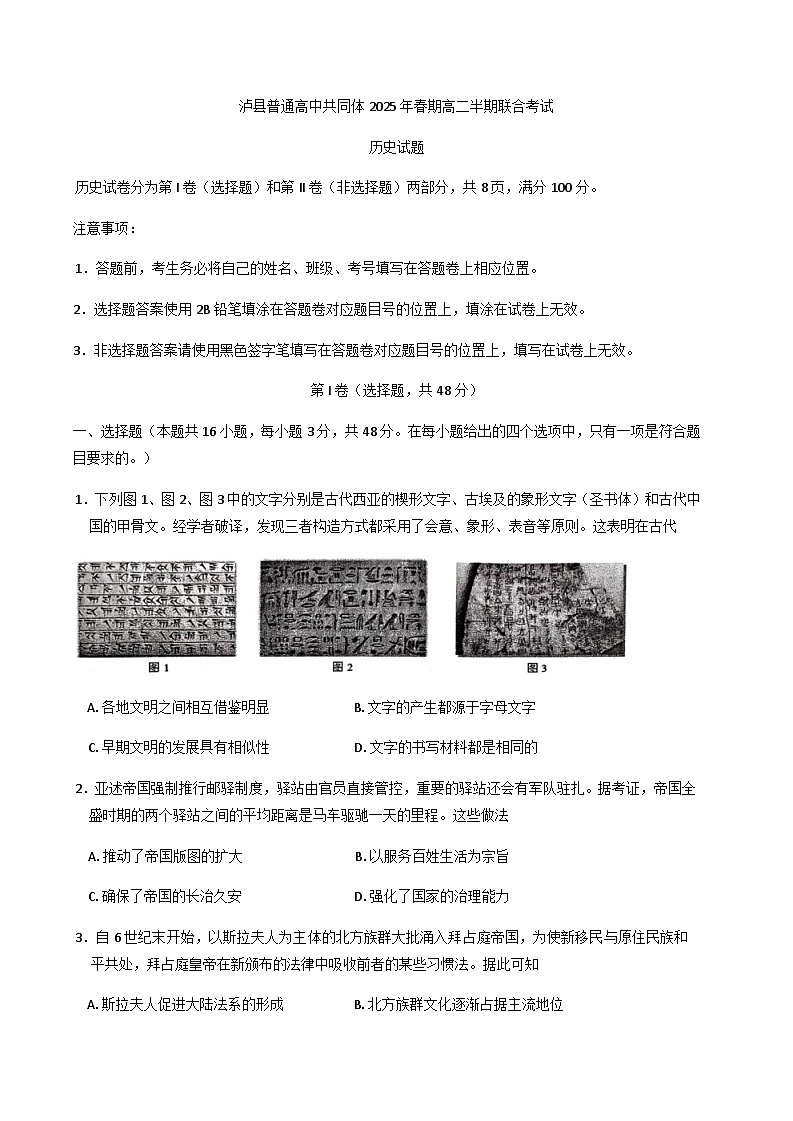 四川省泸州市泸县普通高中共同体2024-2025学年高二下学期期中考试历史试题（含答案）第1页