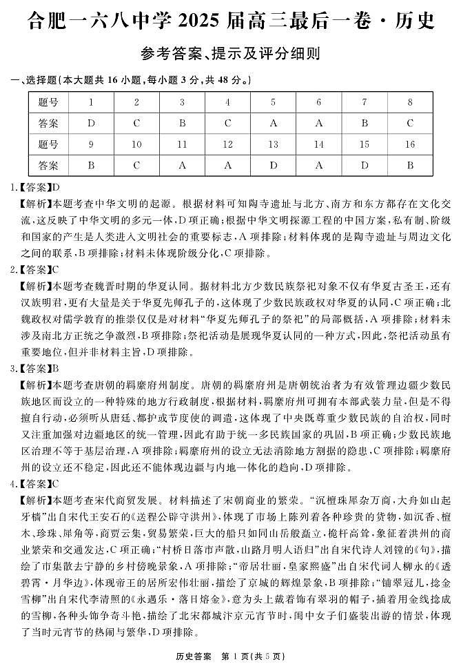 安徽省合肥一六八中学2025届高三最后一卷历史答案第1页