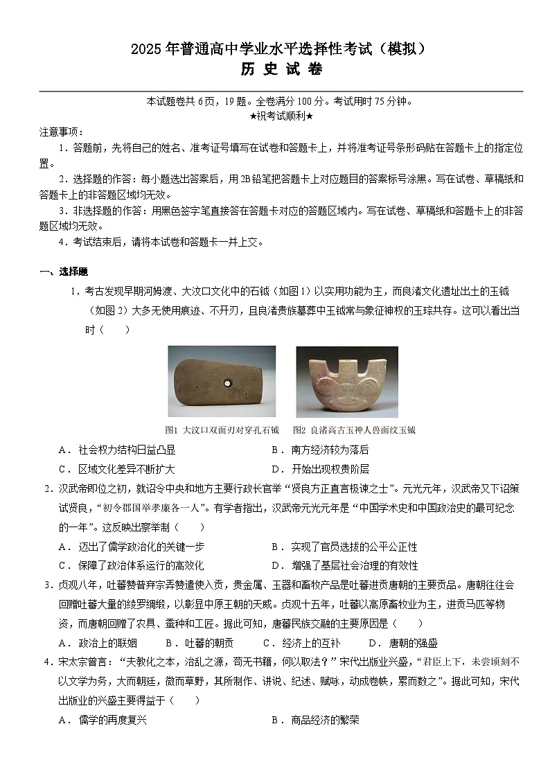 2025年普通高中学业水平选择性考试（模拟）历史第1页