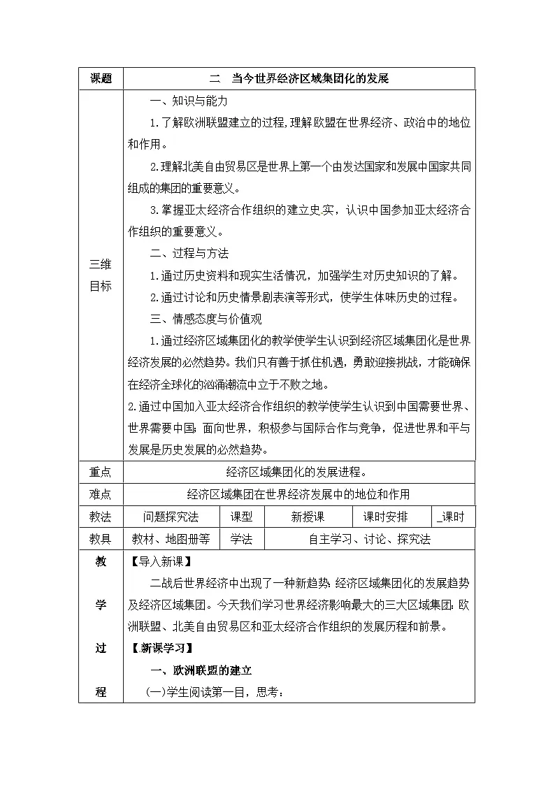 人民版高中历史必修2 8-2《当今世界经济区域集团化的发展》教案第1页