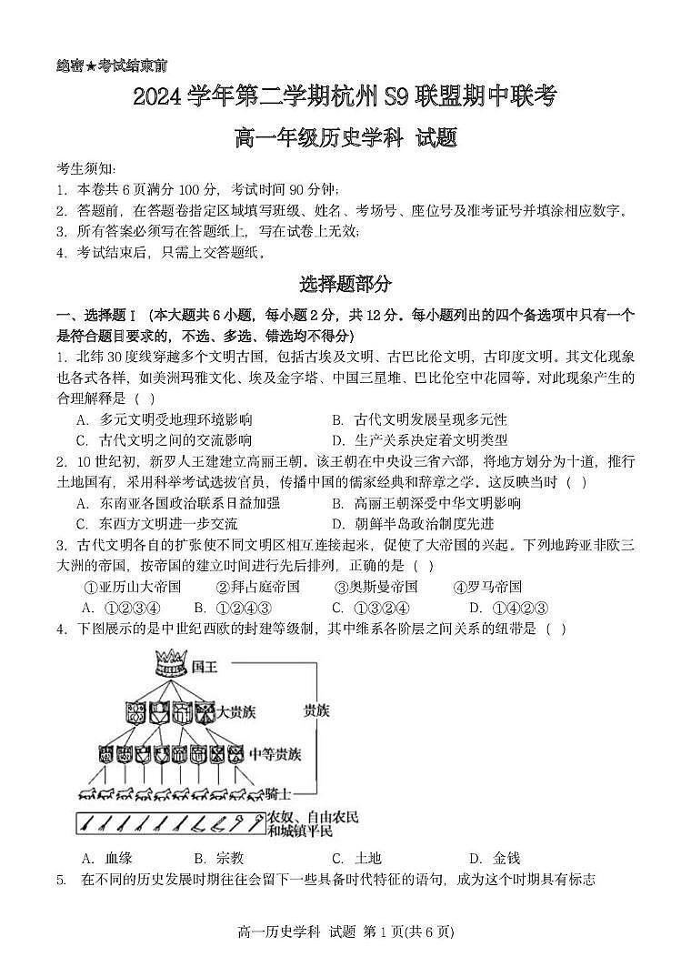 高一历史试题第1页