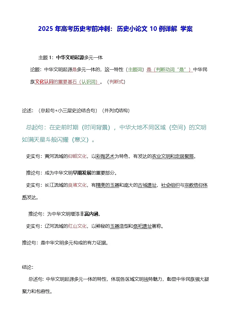 2025年高考历史考前冲刺：历史小论文10例详解 学案第1页