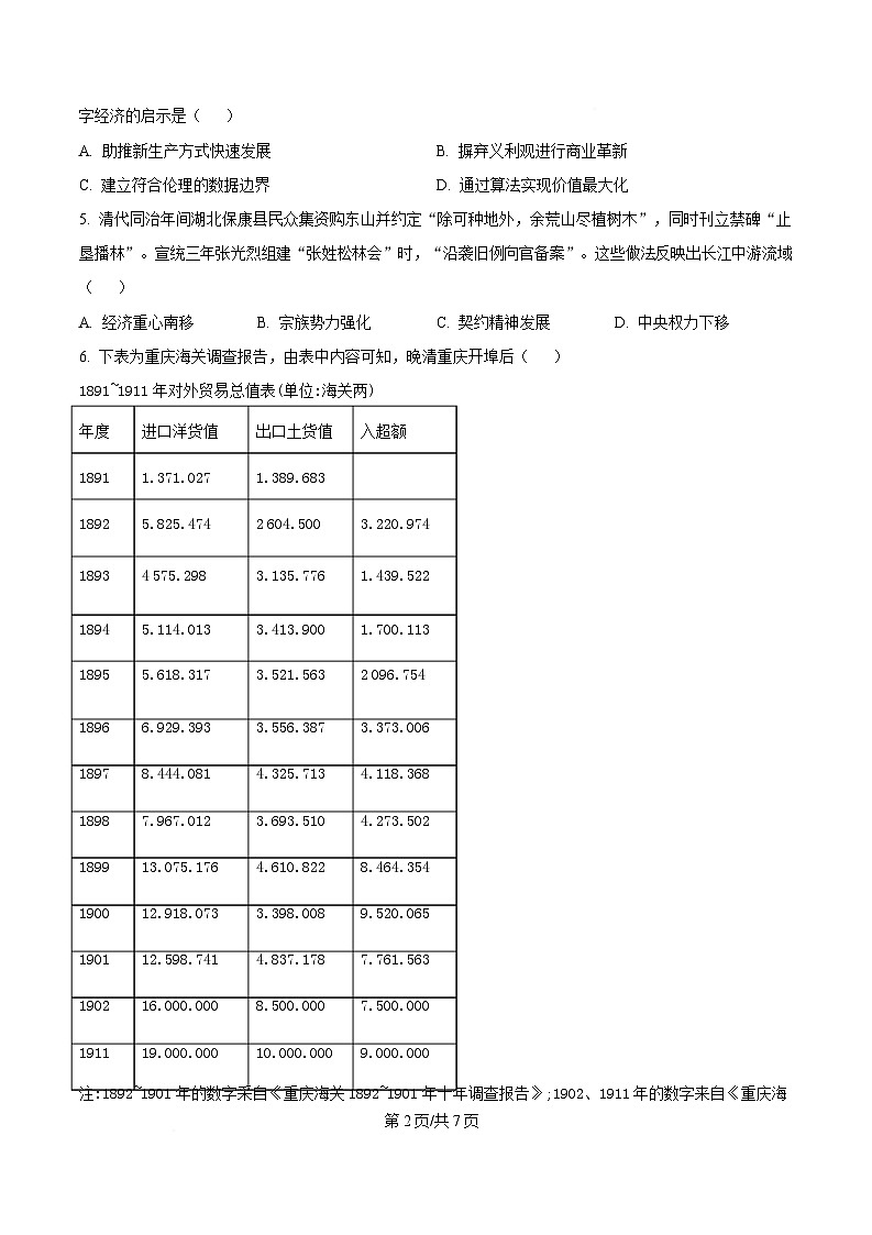 重庆市巴蜀中学2025届高三下学期三模历史试题（原卷版）第2页
