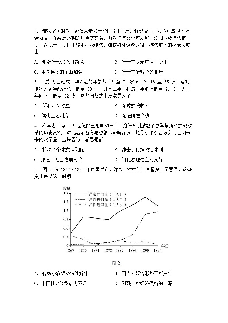 2025届山东师范大学附属中学高三考前打靶适应性检测 历史试题及答案第2页