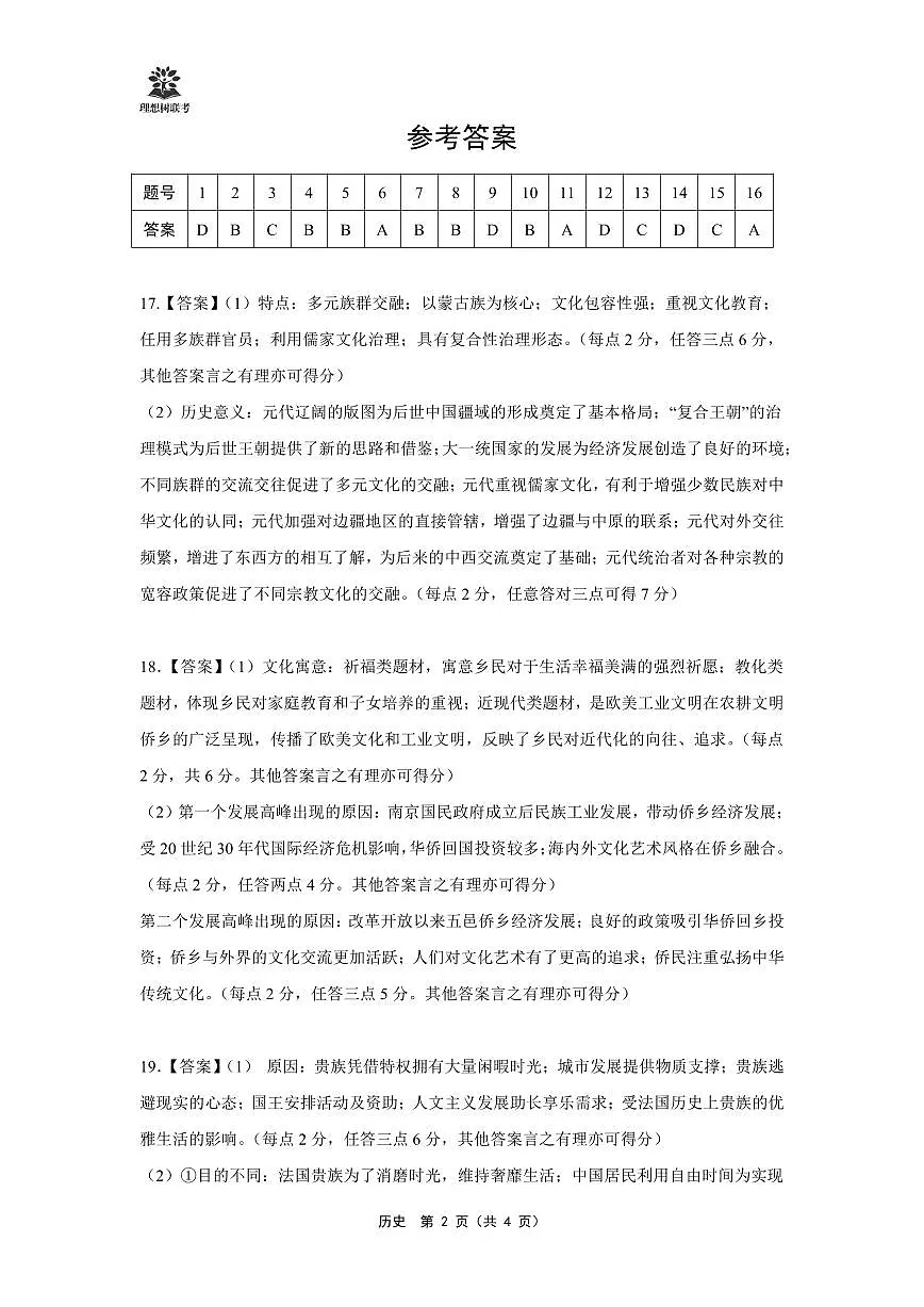 东北三省精准教学2025届高三理想树联考-历史答案第2页