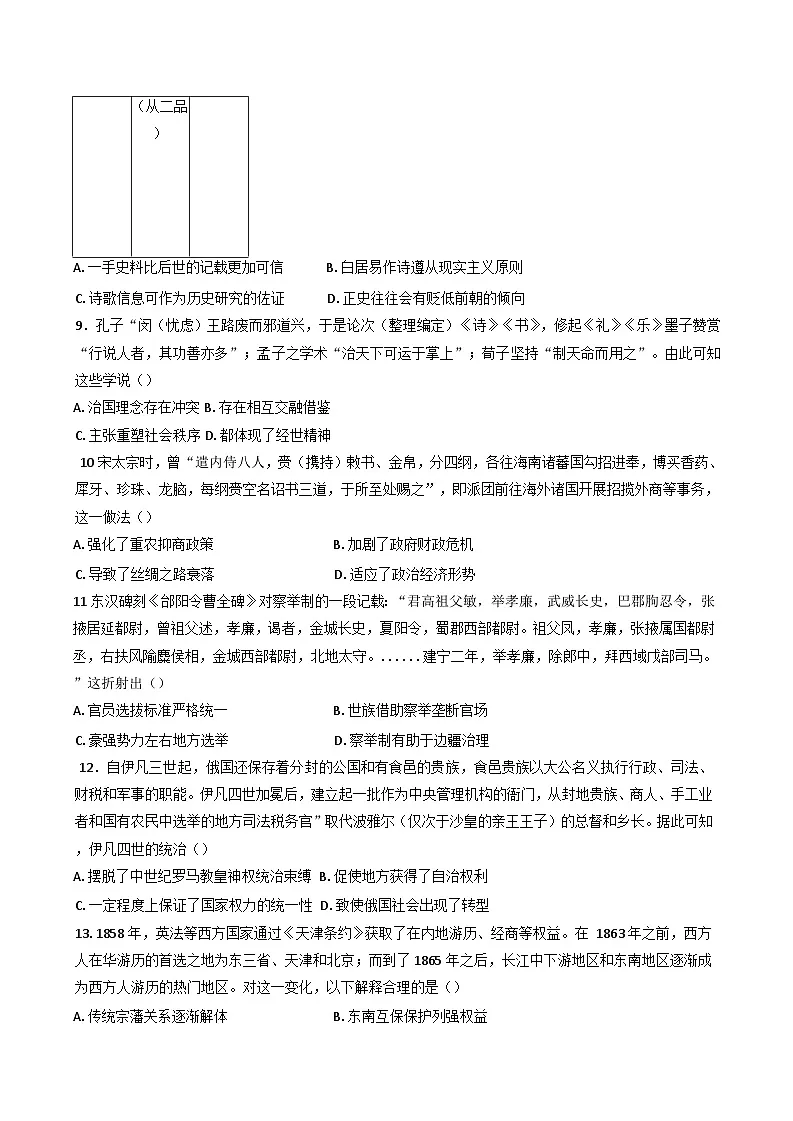 2025届内蒙古自治区乌兰察布市集宁区北京师范大学乌兰察布集宁附属中学高三下学期三模历史试题（含解析）第3页