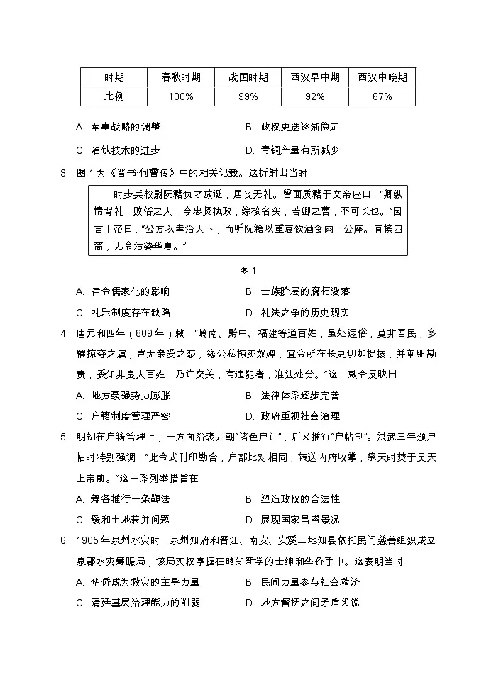 福建省厦门市2025届高中毕业班6月质量检测历史试题（含答案）第2页