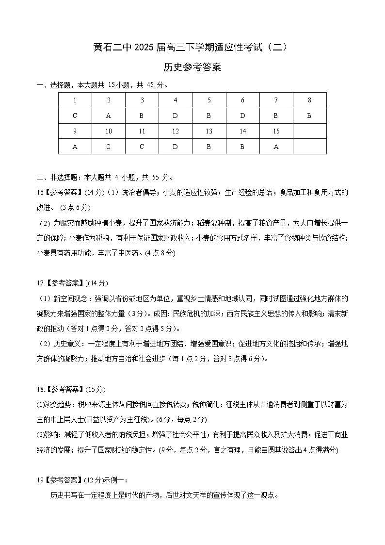 黄石二中2025届高三下学期适应性考试（二）历史答案第1页