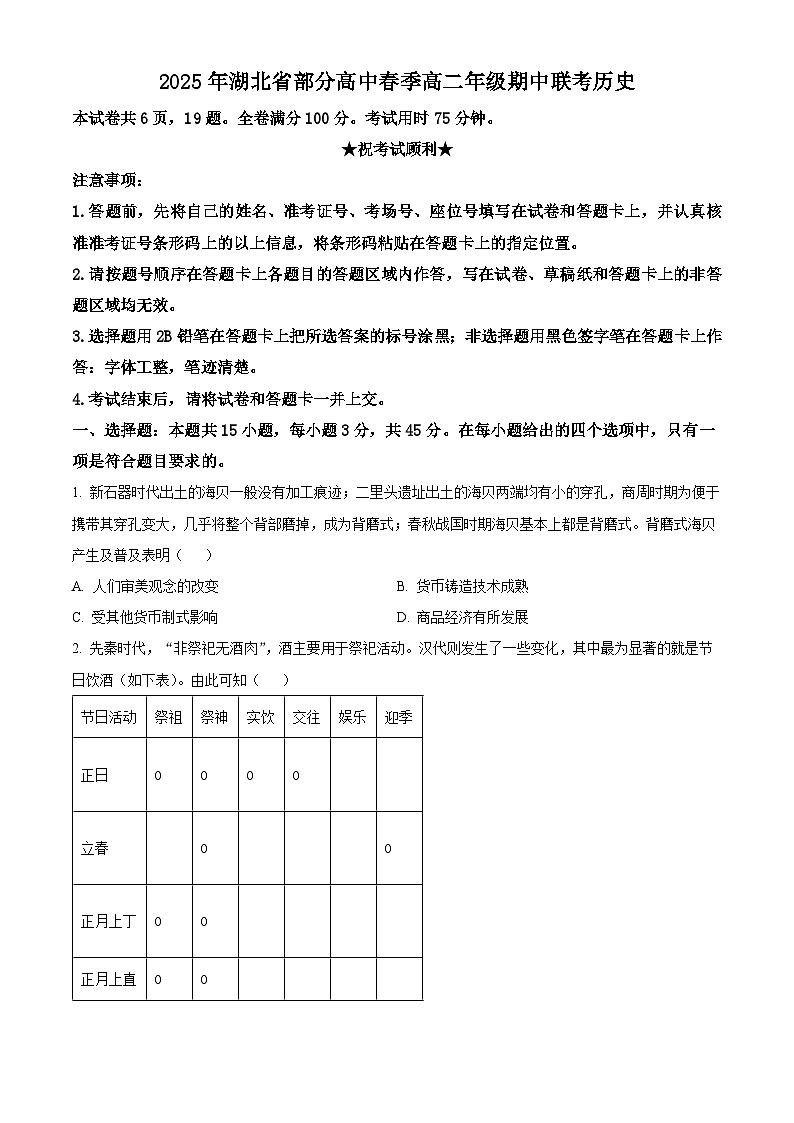 湖北省黄冈市十五校2024-2025学年高二下学期期中联考历史试题（原卷版）第1页