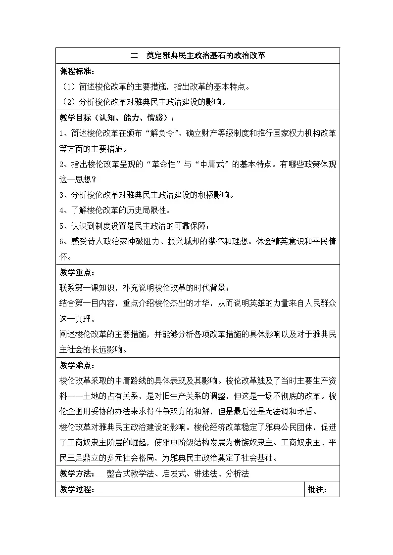 人民版高中历史选修1 1-2《奠定雅典民主基石的政治改革》教案第1页