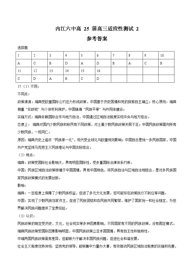 四川省内江市第六中学2025届高三下学期热身训练二历史答案第1页
