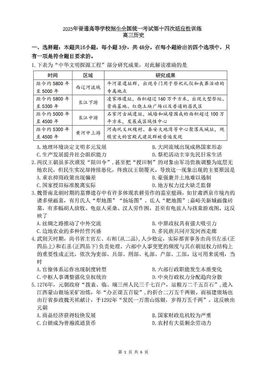 14历史 高三历史14模试卷第1页