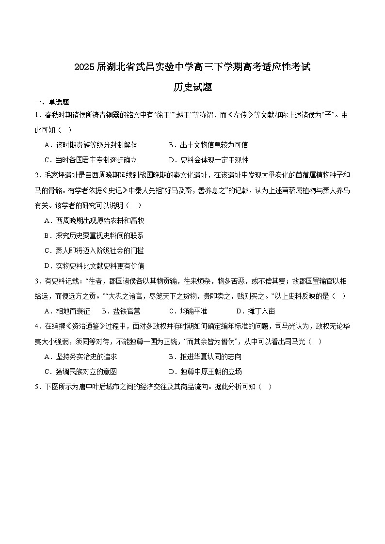 湖北省武昌实验中学2025届高三下学期高考适应性考试历史试卷（Word版附答案）第1页