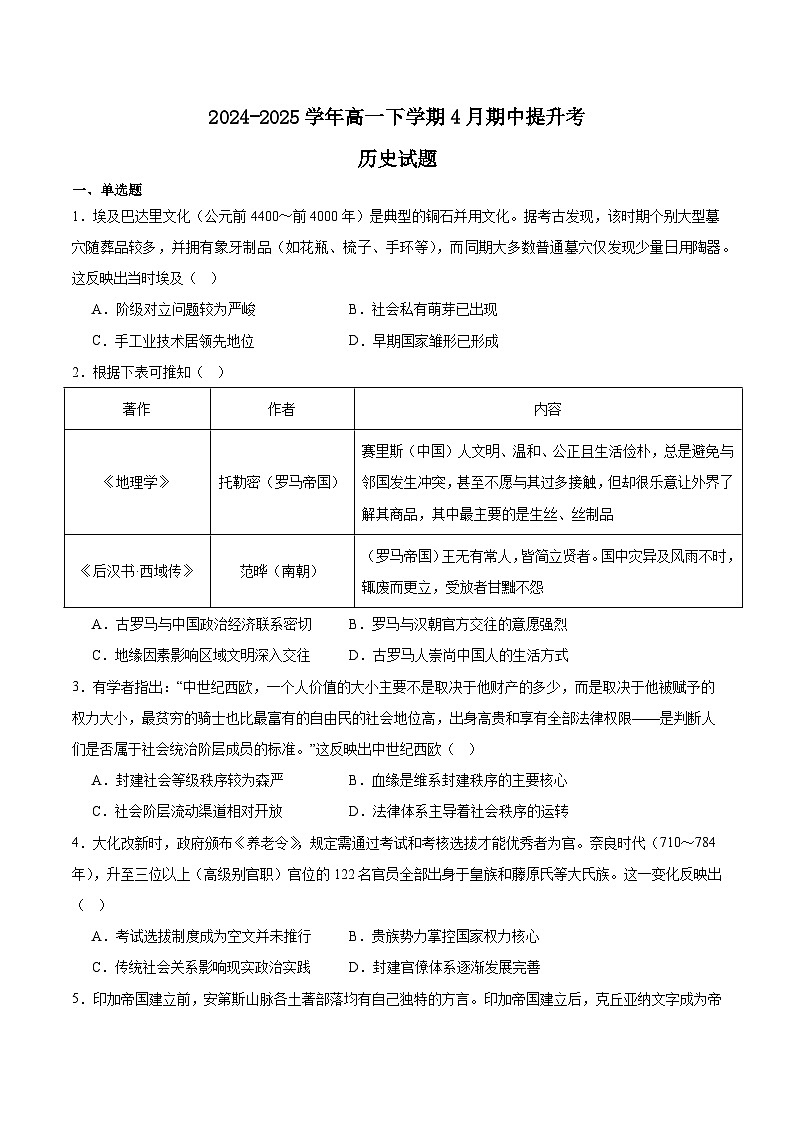 山西省晋城市部分学校2024-2025学年高二下学期4月期中提升考历史试题（Word版附答案）第1页