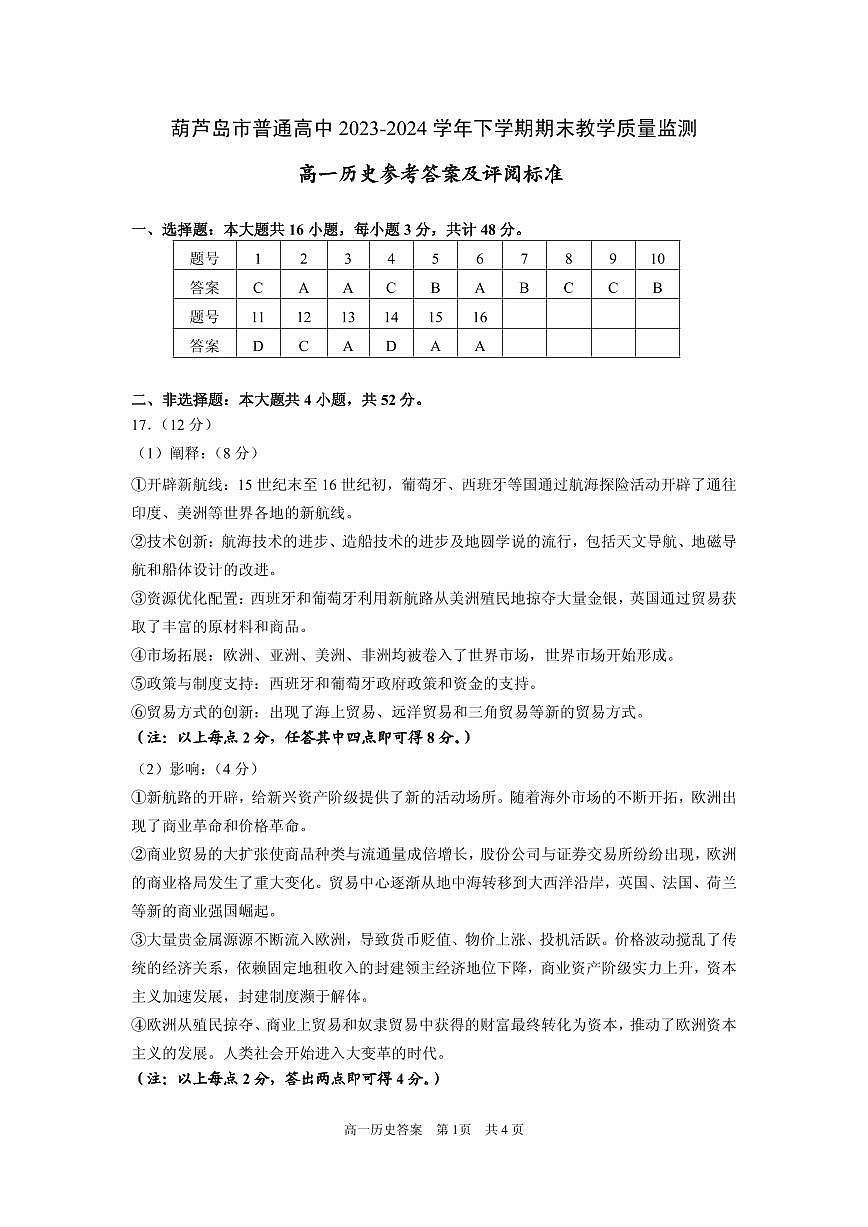 202407高一历史参考答案及评阅标准第1页