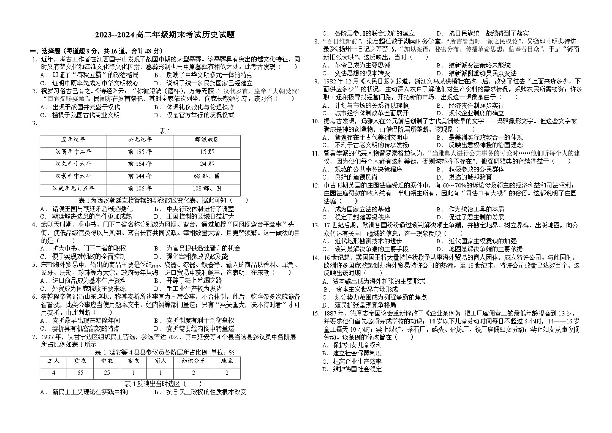 内蒙古兴安盟科尔沁右翼前旗第二中学2023-2024下学期高二历史期末试题第1页