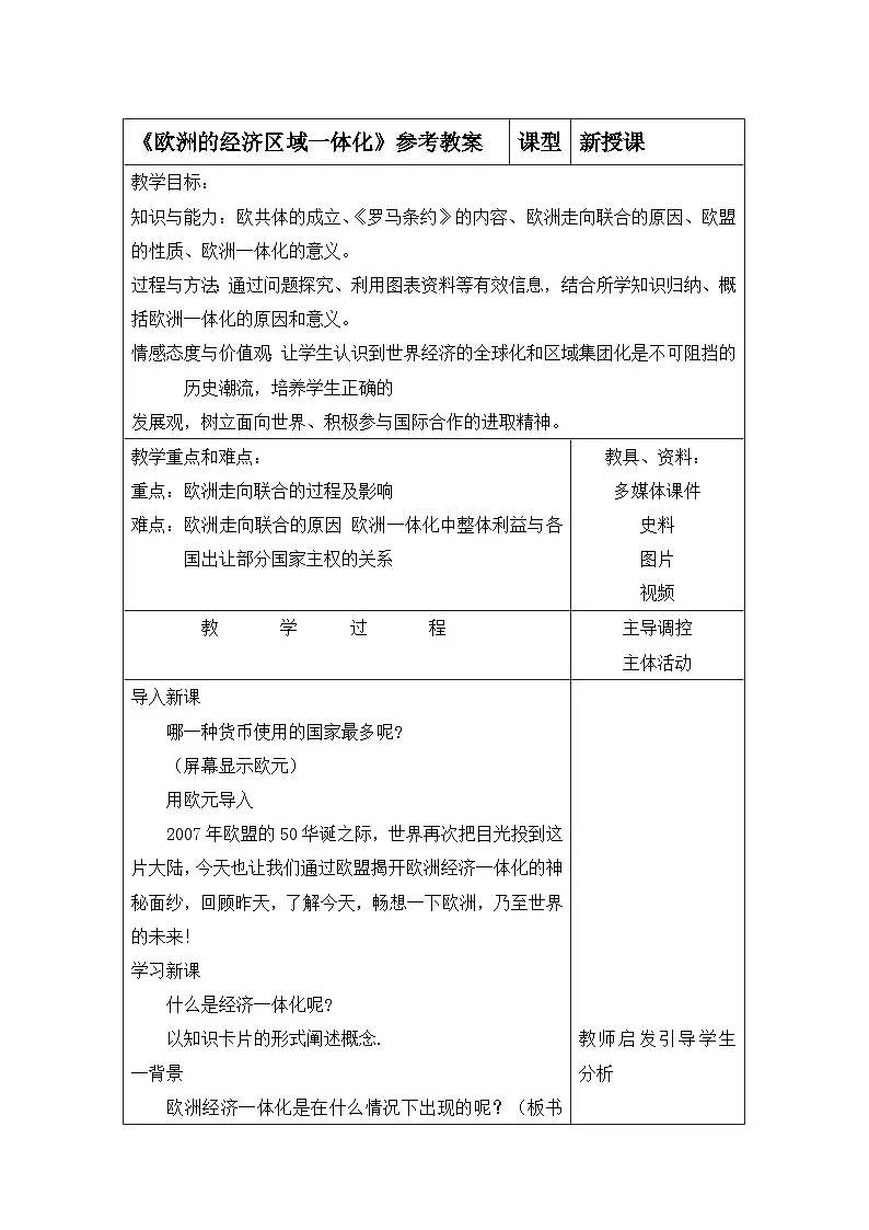 岳麓版高中历史必修2 5-24《欧洲的经济区域一体化》教案第1页