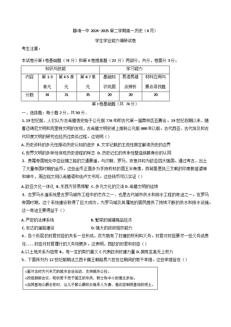 天津市静海区第一中学2024-2025学年高一下学期6月月考历史试题（含答案）第1页