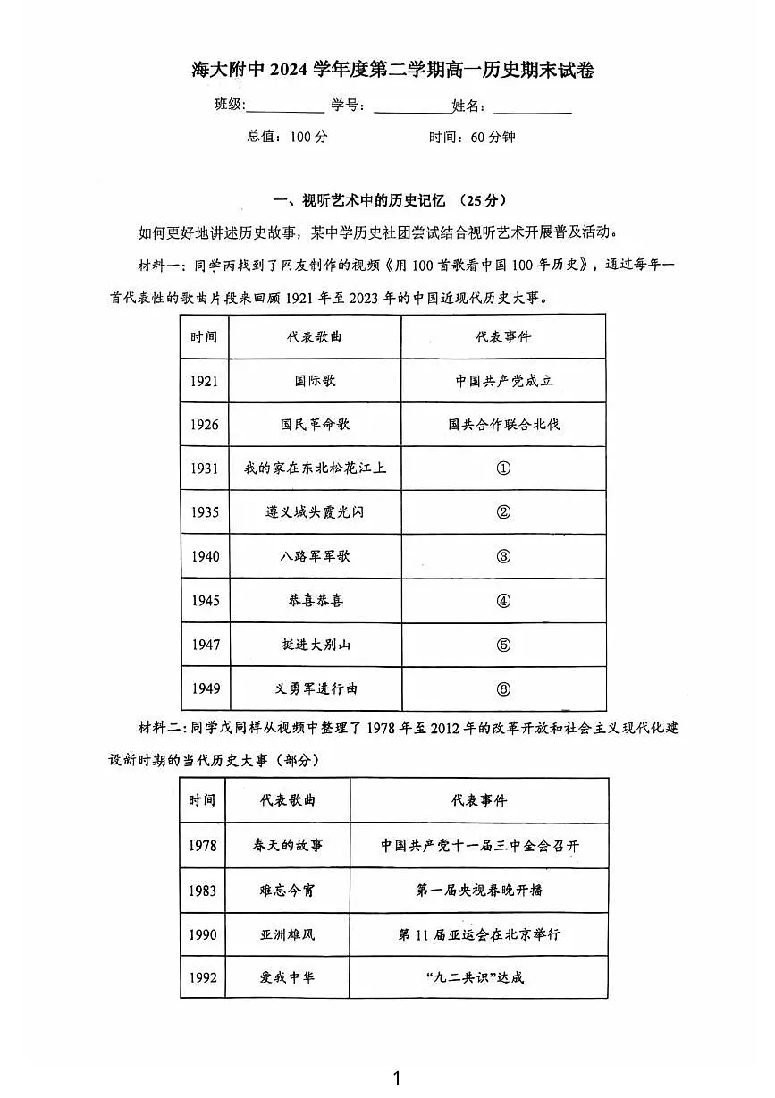 上海海事大学附属北蔡高级中学2024-2025学年高一下学期期末考试历史试题第1页