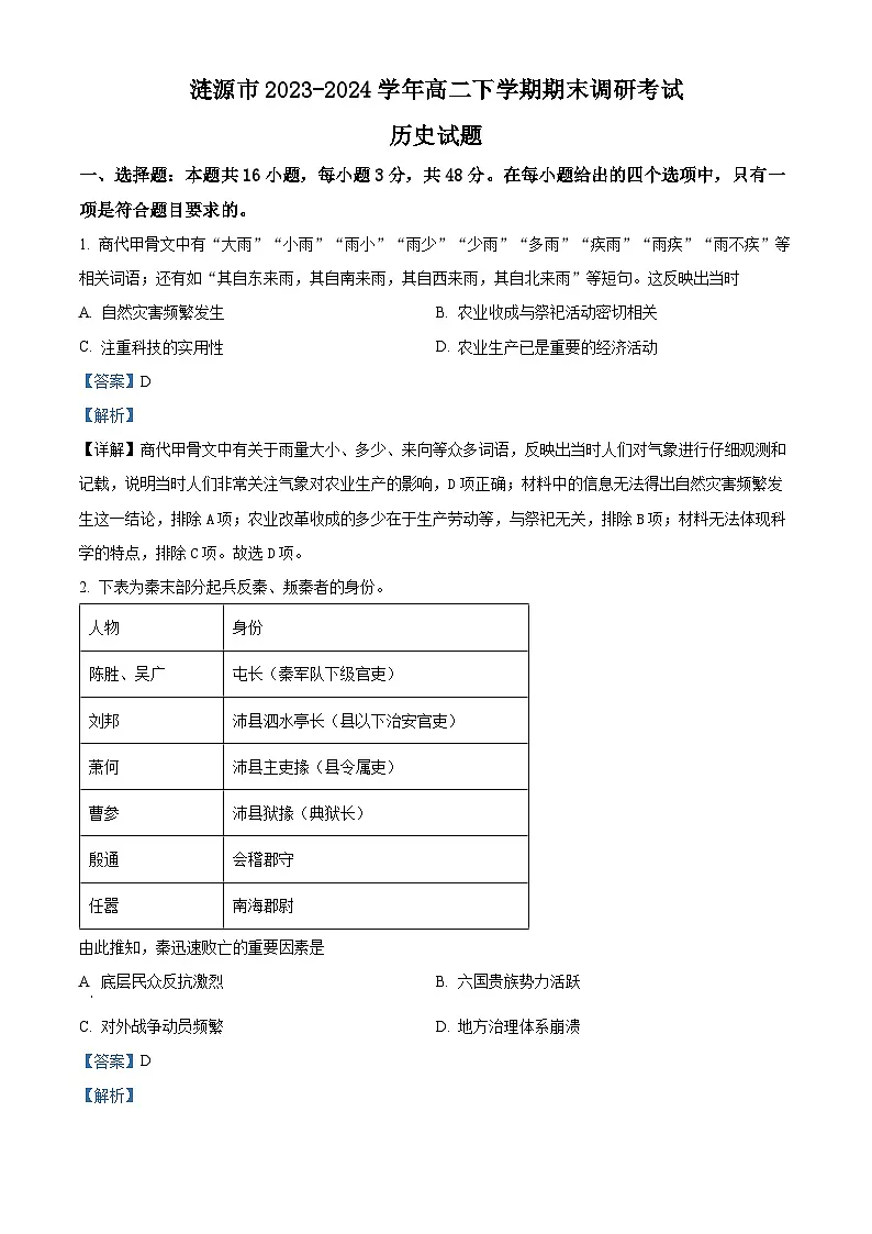 精品解析：湖南省涟源市2023-2024学年高二下学期期末调研考试历史试题（解析版）第1页