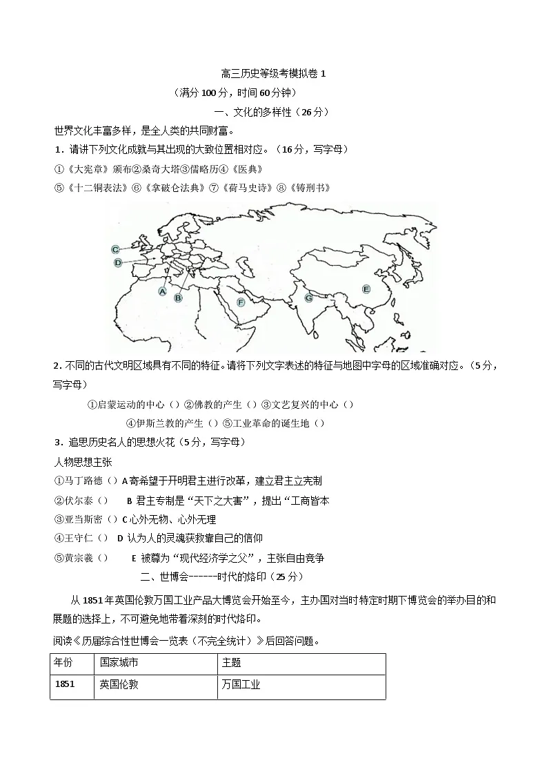 2025届上海市松江二中高三下学期等级考模拟（1）历史试题（含答案）第1页