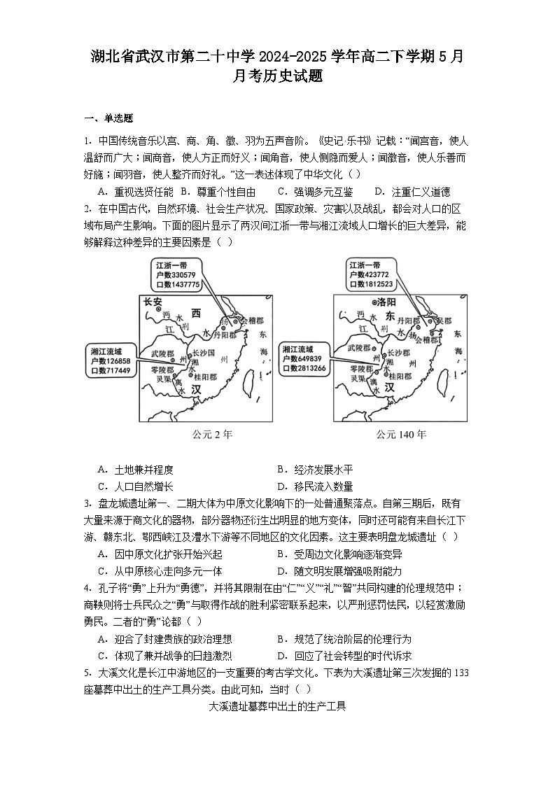 湖北省武汉市第二十中学2024-2025学年高二下学期5月月考历史试题（解析版）第1页