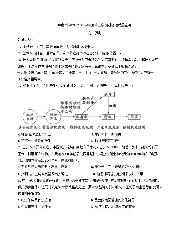 2024—2025学年度贵州省黔南布依族苗族自治州高一第二学期期中过程性监测历史试题（含答案）第1页