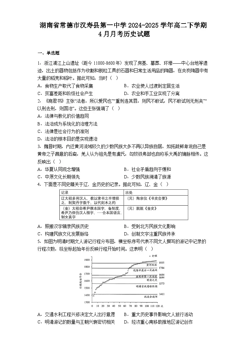 湖南省常德市汉寿县第一中学2024-2025学年高二下学期4月月考历史试题（解析版）第1页