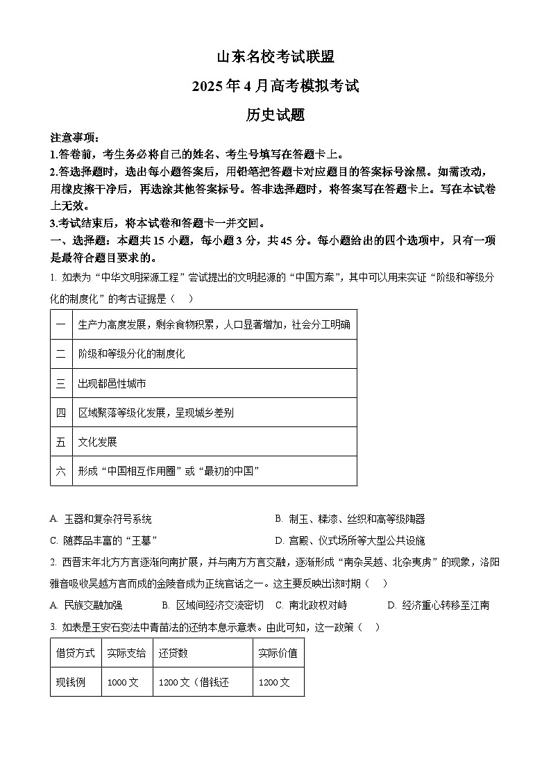 2025届山东省名校考试联盟高三下学期4月模拟考试（二模）历史试题 Word版无答案第1页