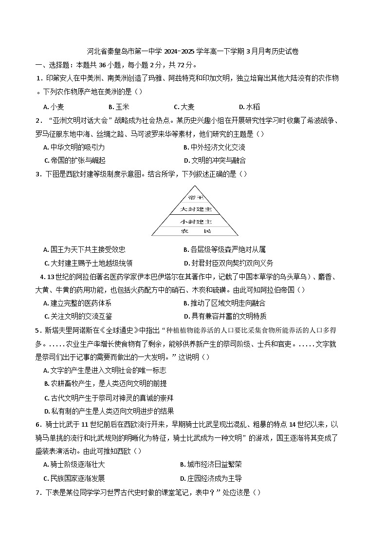 河北省秦皇岛市第一中学2024-2025学年高一下学期3月月考历史试卷（含答案）第1页