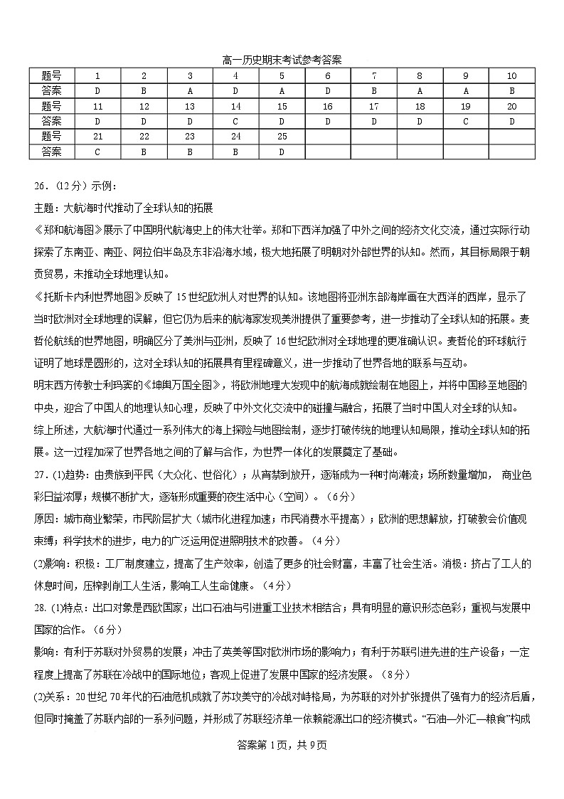 高一历史期末试题参考答案第1页