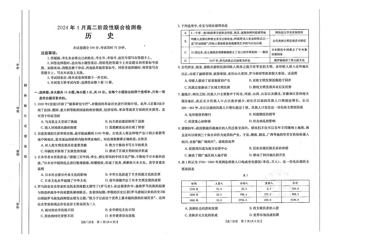 广西壮族自治区桂林市2023-2024学年高二下学期期中测试历史试卷第1页