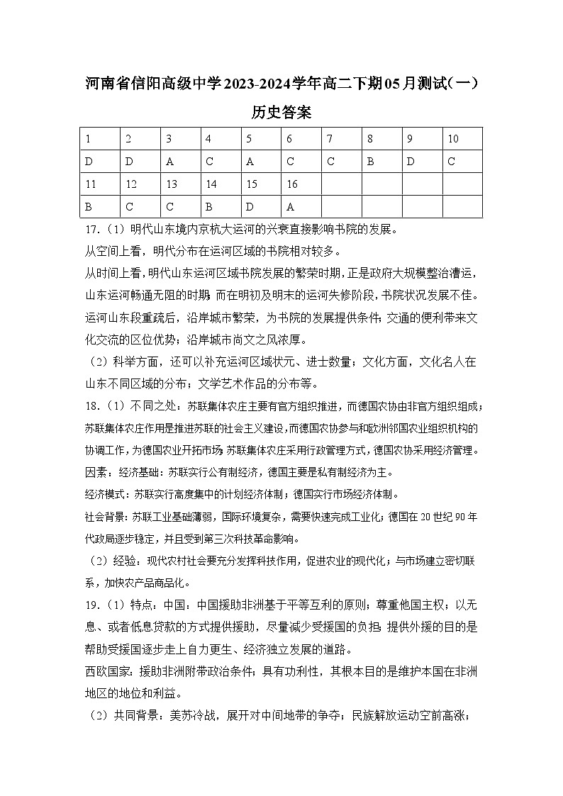 河南省信阳高级中学2023-2024学年高二下期05月测试（一）历史答案第1页