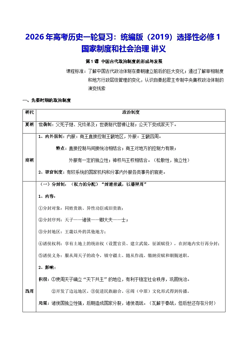 2026年高考历史一轮复习：统编版（2019）选择性必修1国家制度和社会治理 讲义第1页