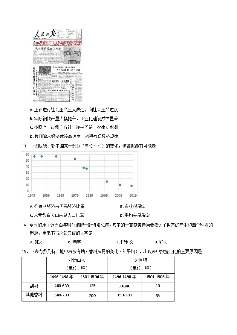 浙江省绍兴市2024-2025学年高二下学期期末调测历史试卷（含答案）第3页