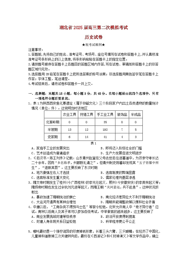 湖北省2025届高三历史第二次模拟考试第1页