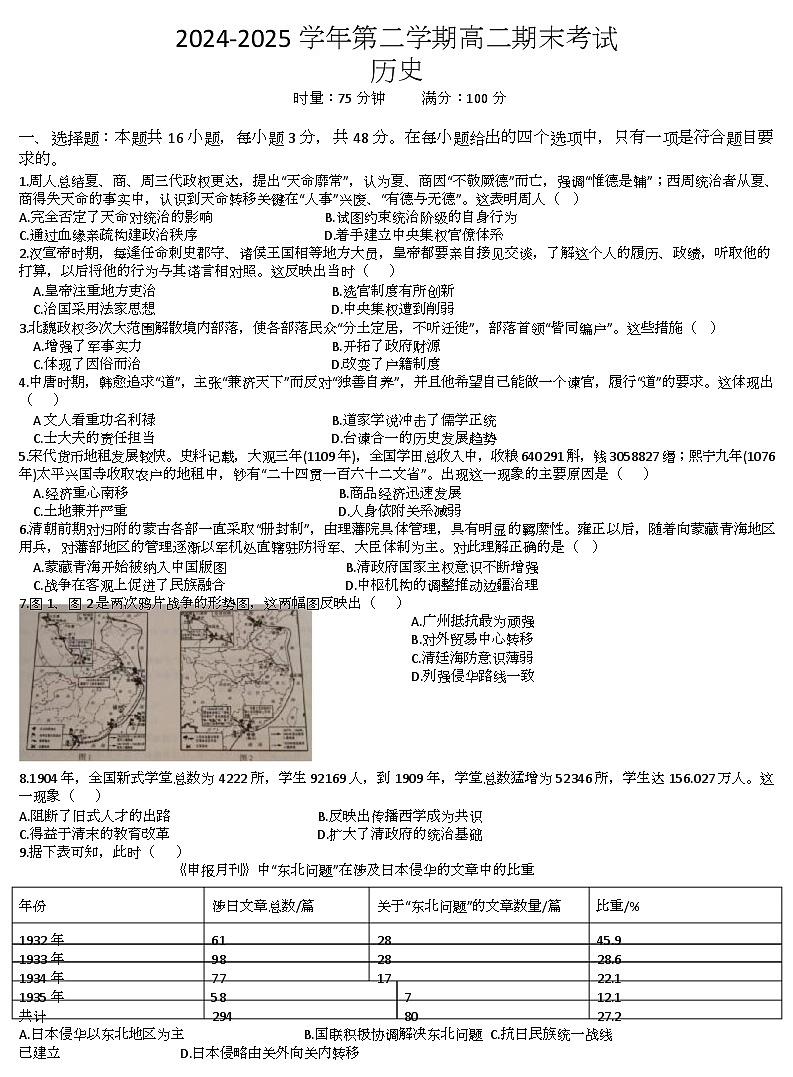 湖南省怀化市2024-2025学年高二下学期期末考试历史试题（Word版附解析）第1页