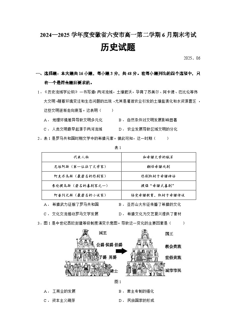 安徽省六安市2024—2025学年度高一下学期6月期末考试历史试题（含答案）第1页