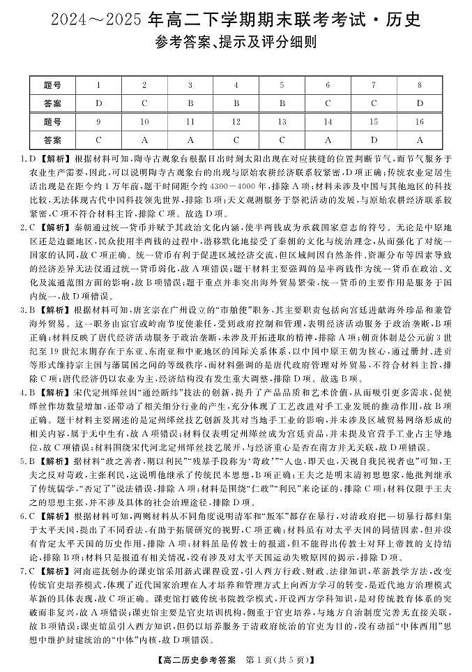 金科·新未来7月3-4日高二联考-历史详解版答案第1页