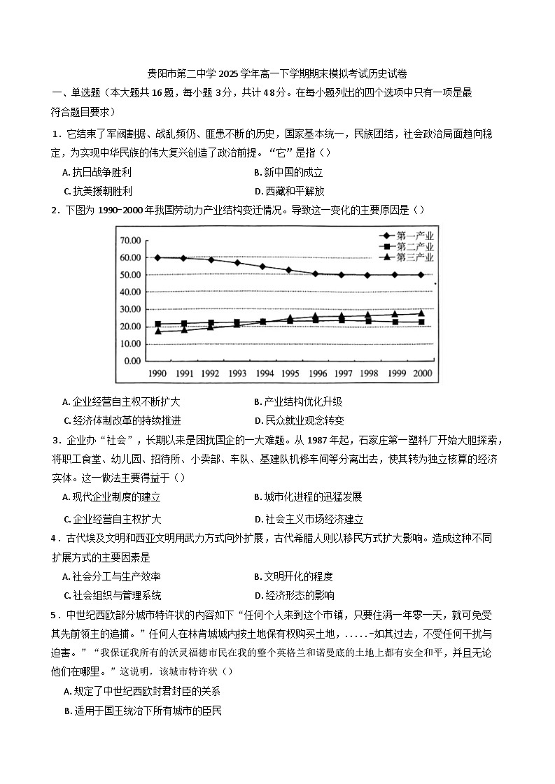 贵州省贵阳市第二中学2024-2025学年高一下学期期末模拟考试历史试题（含答案）第1页