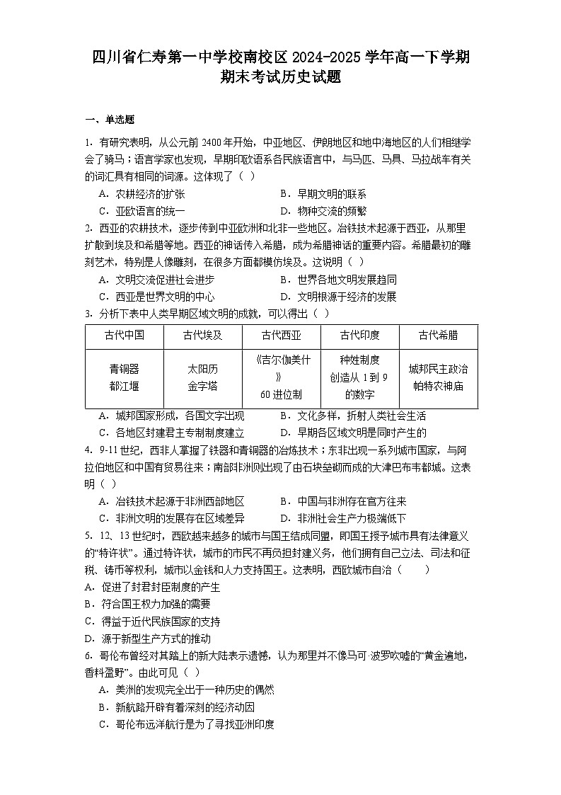 四川省仁寿第一中学校南校区2024-2025学年高一下学期期末考试历史试题（解析版）第1页