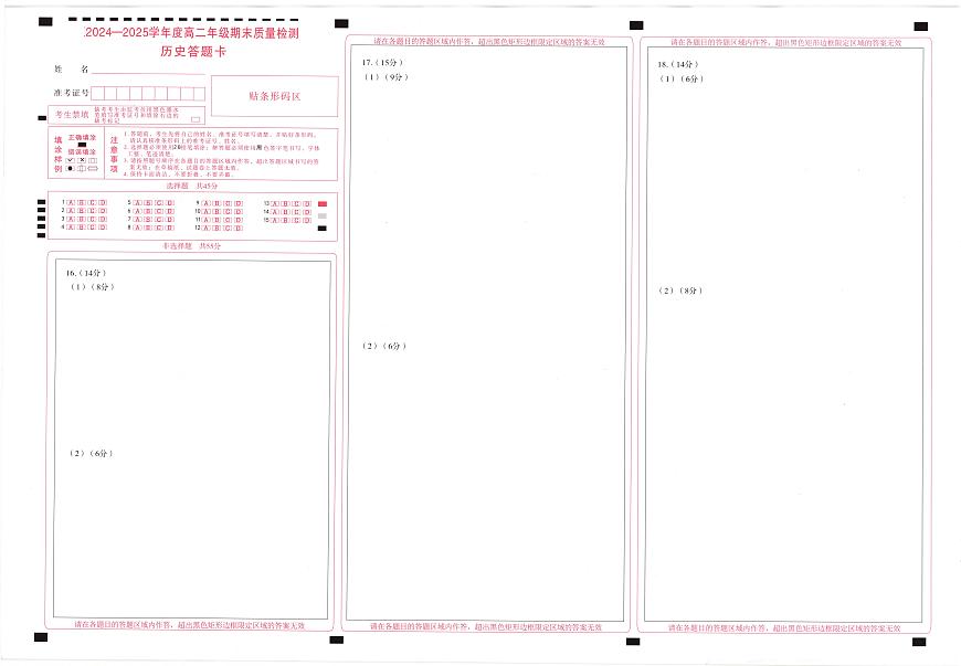 湖北省武昌区2024~2025学年度高二年级期末质量检测历史答题卡第1页