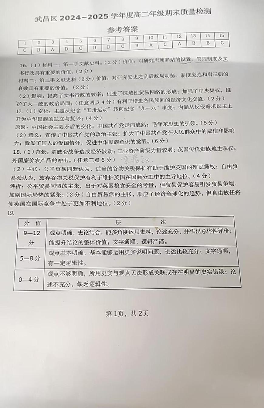 湖北省武昌区2024~2025学年度高二年级期末质量检测历史答案第1页