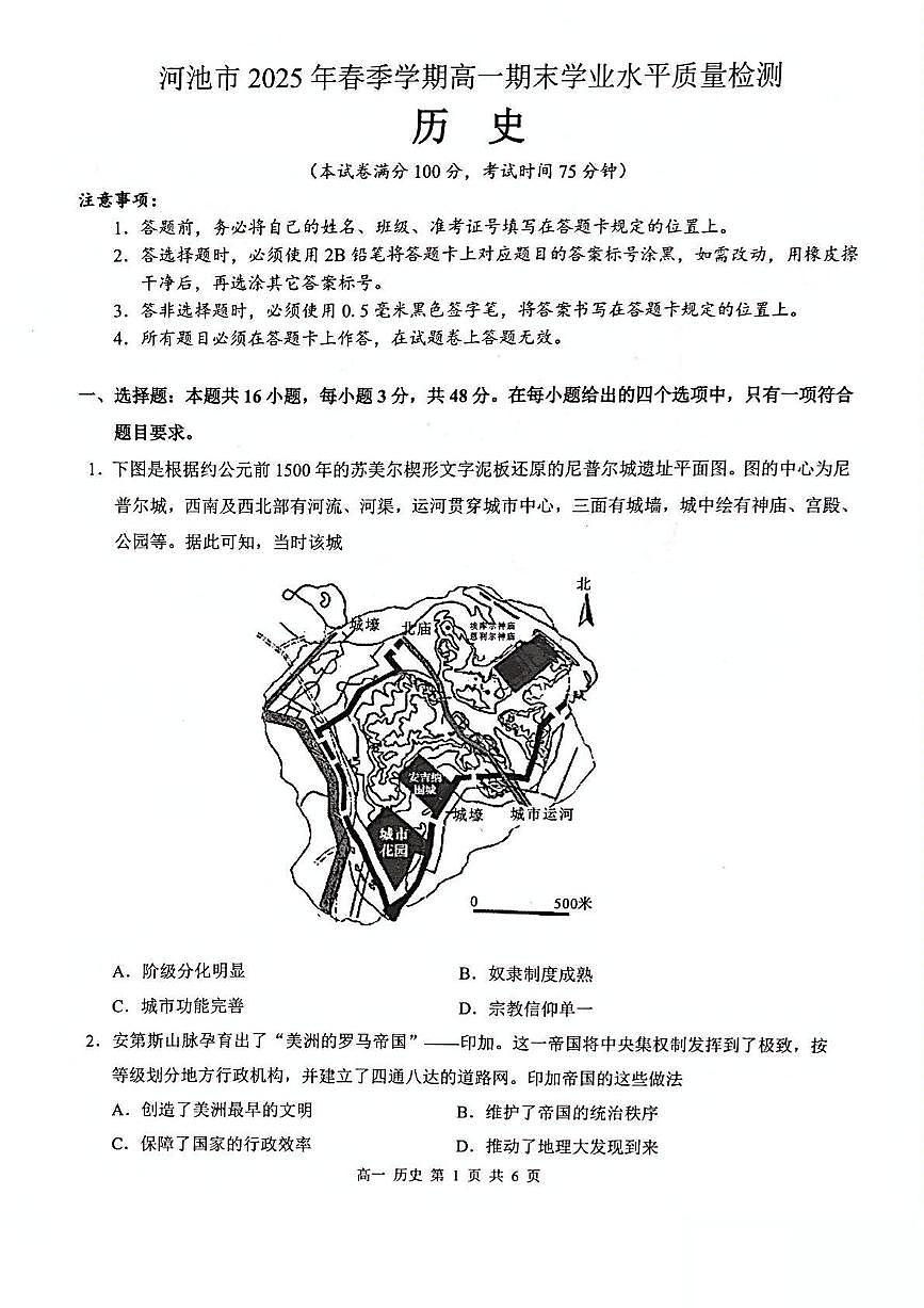 广西河池市2024-2025学年高一下学期7月期末考试 历史 PDF版含解析第1页