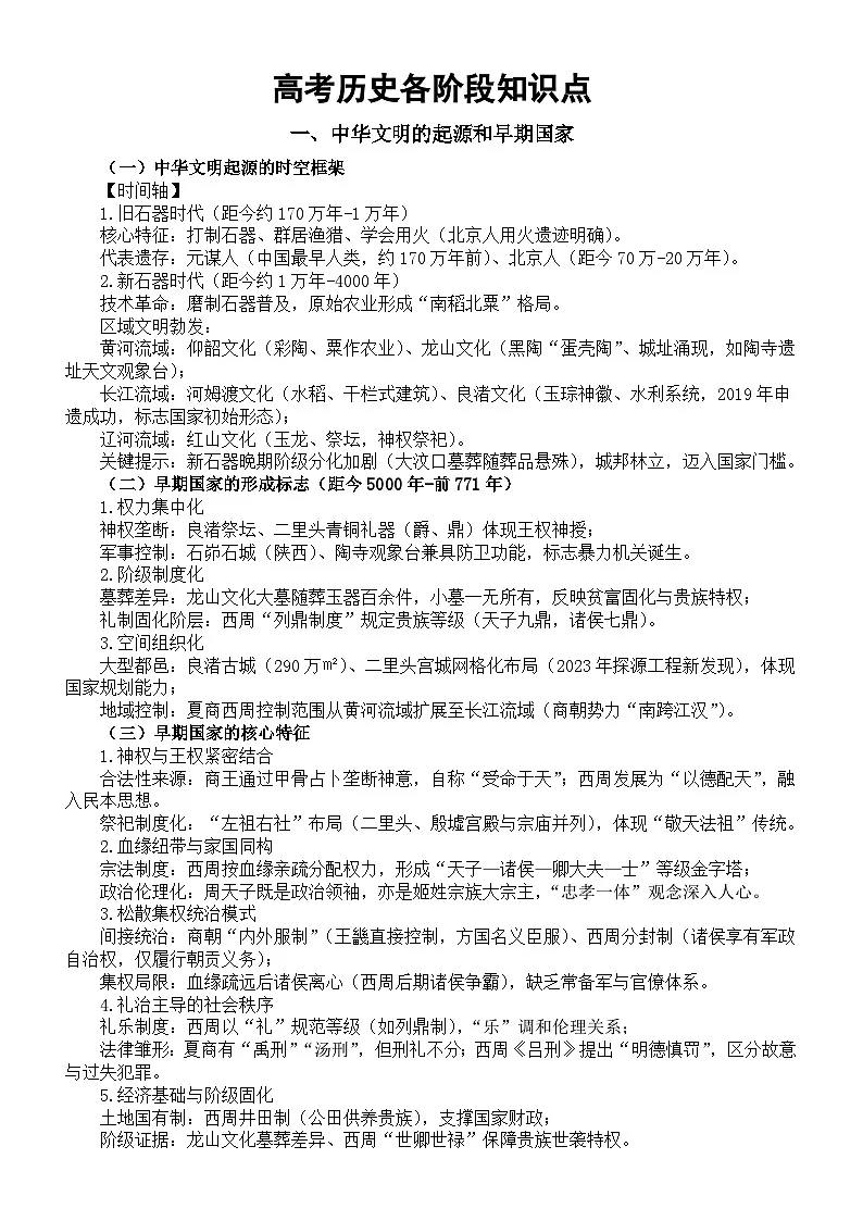高中历史2026届高考各历史阶段知识点整理（中华文明的起源和早期国家+春秋战国时期+秦汉时期）第1页