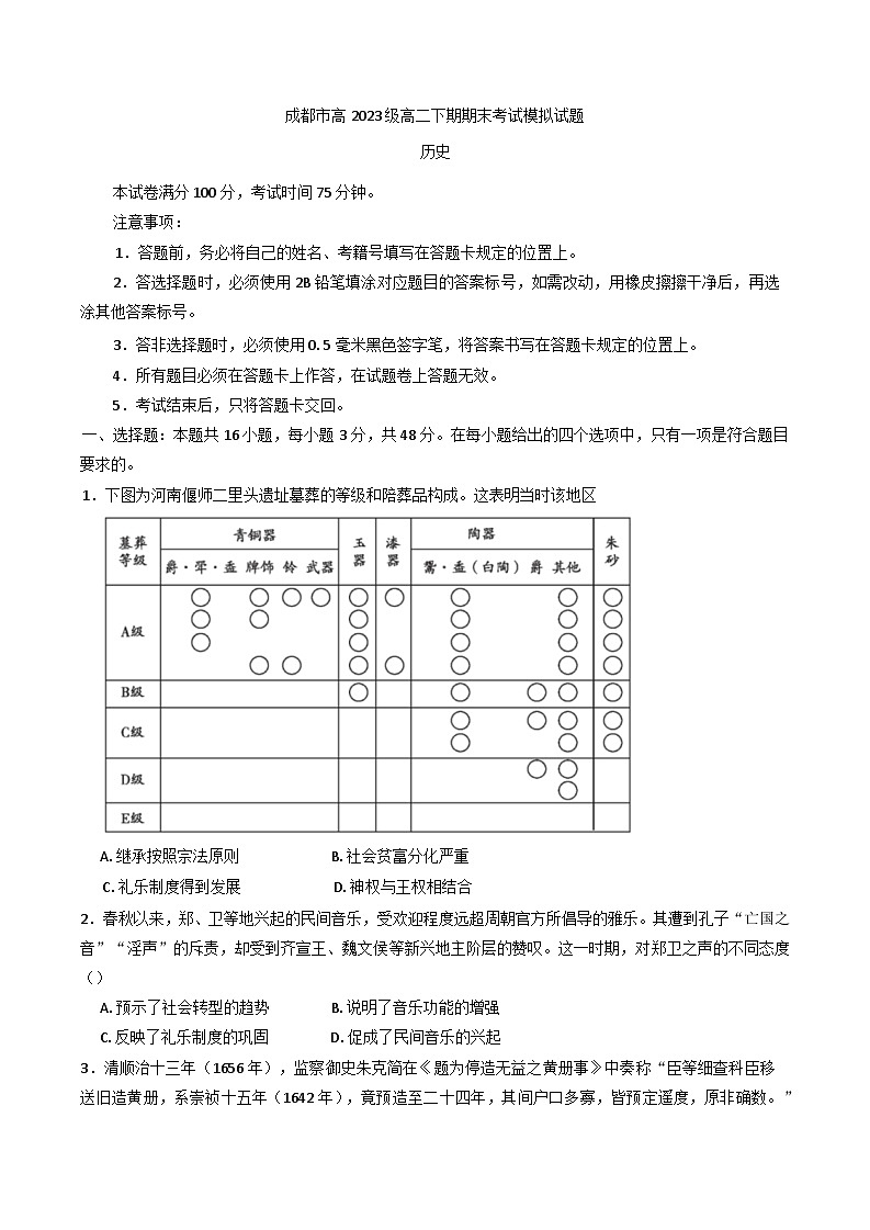 四川省成都市部分学校2024-2025学年高二下学期期末考试历史试题（含答案）第1页