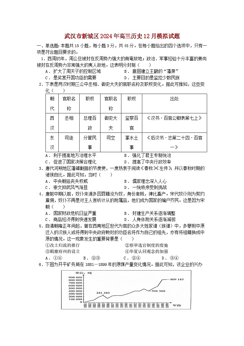 湖北省武汉市新城区2024_2025学年高三历史上学期12月模拟考试试题第1页