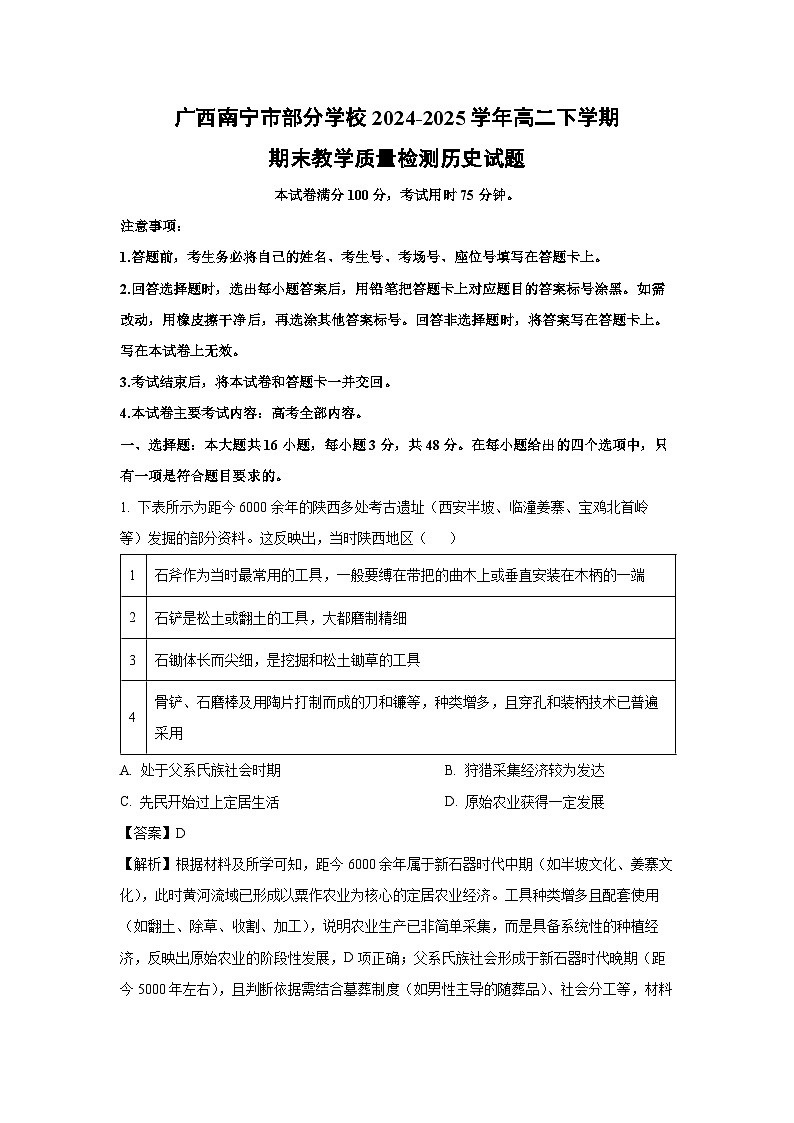广西南宁市部分学校2024-2025学年高二下学期期末教学质量检测历史试卷（解析版）第1页