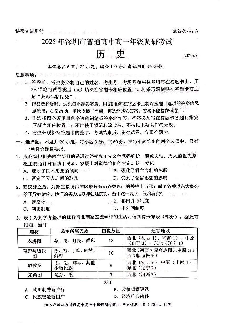 2025年深圳市普通高中高一年级调研考试 历史.pdf第1页