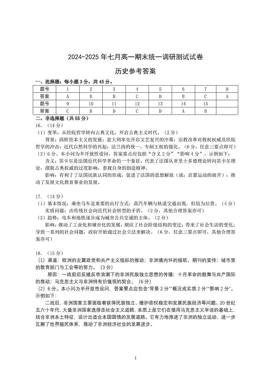 湖北省2024-2025学年七月高一期末统一调研测试 历史答案.pdf第1页